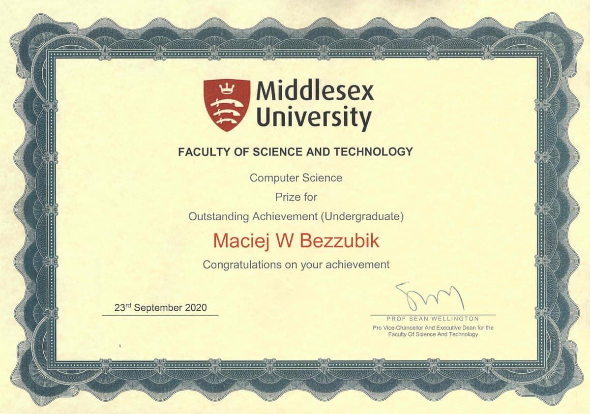 Computer Science Prize for Outstanding Achievement certificate