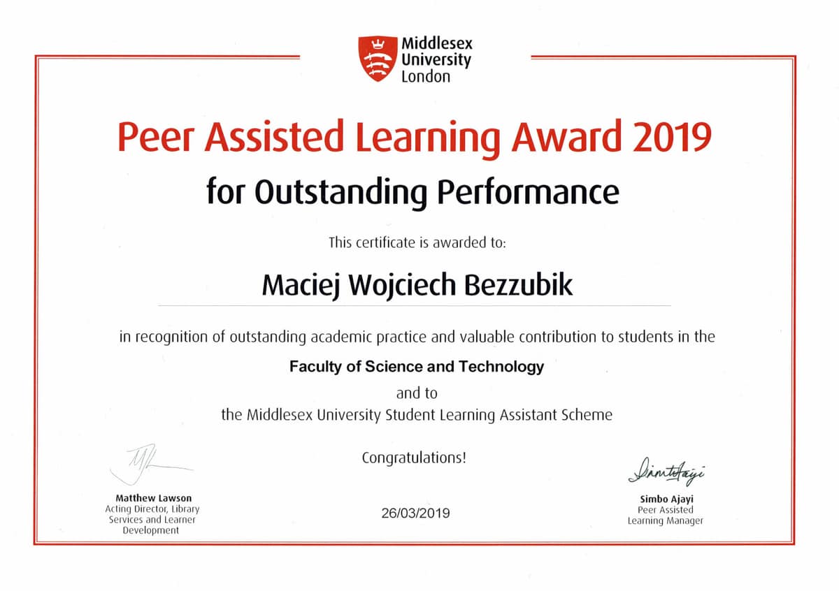 Peer Assisted Learning Award for Outstanding Performance certificate