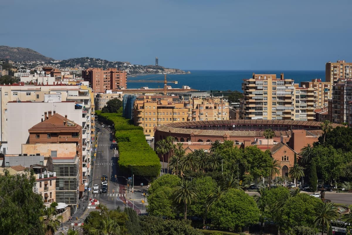 View across the rooftops of Málaga towards the bullring and the sea